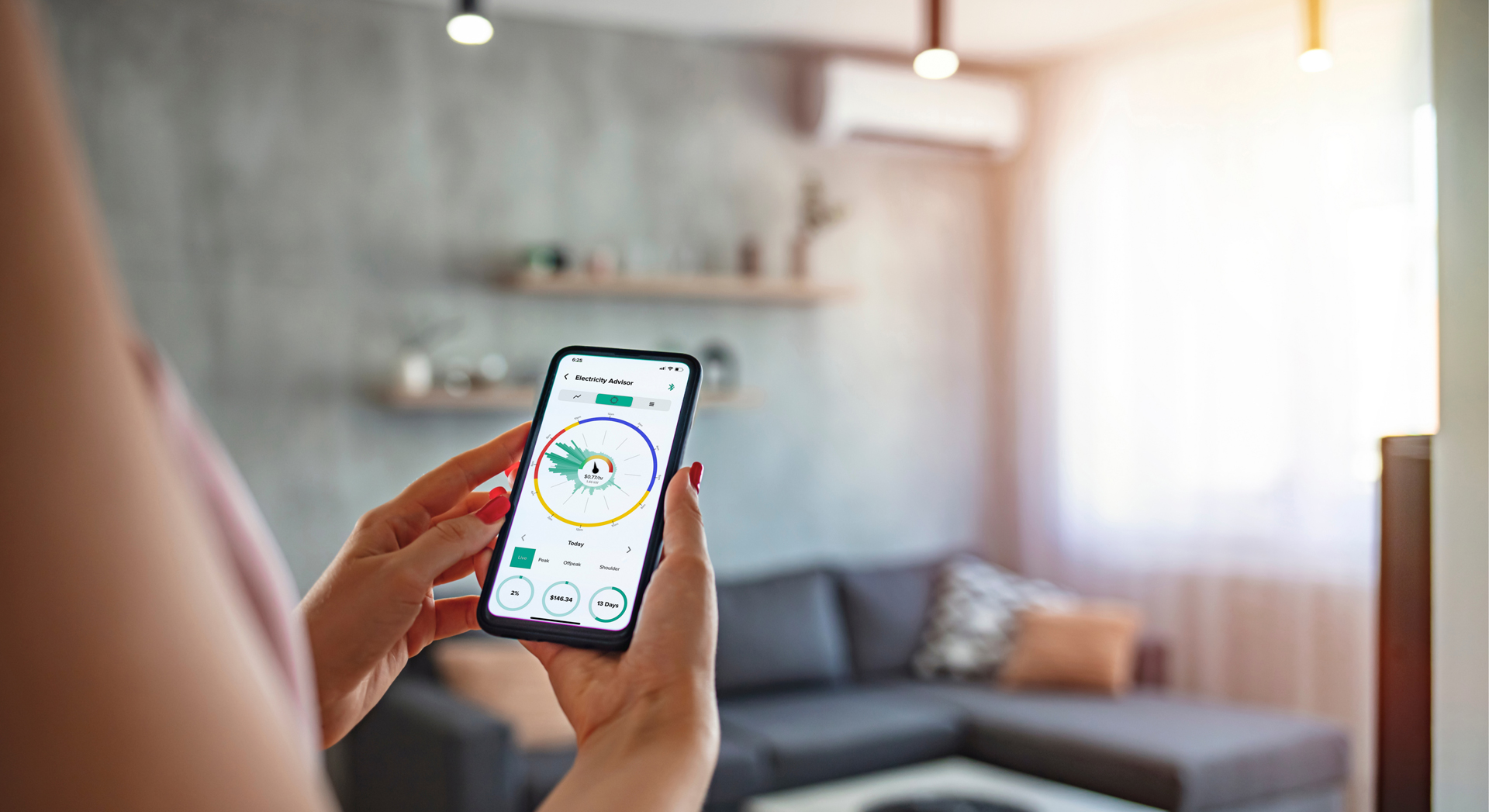 Emerald Electricity Advisor Emerald App in hand woman living room