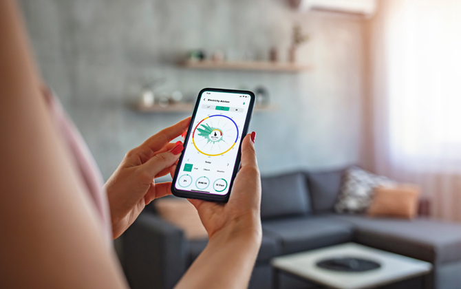Emerald Electricity Advisor Emerald App in hand woman living room