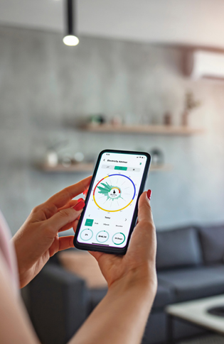 Emerald Electricity Advisor Emerald App in hand woman living room