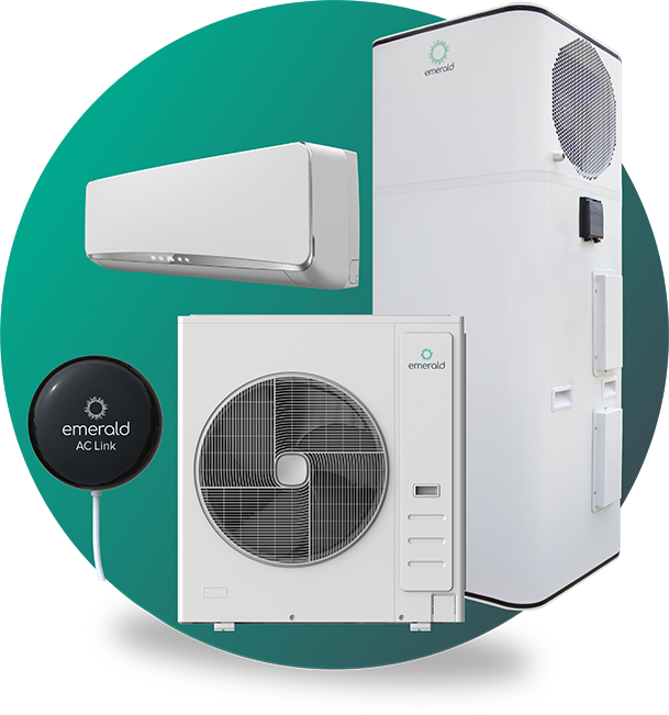 gradient circle image with Emerald products, hot water heat pump, ducted, AC Link and split system air con